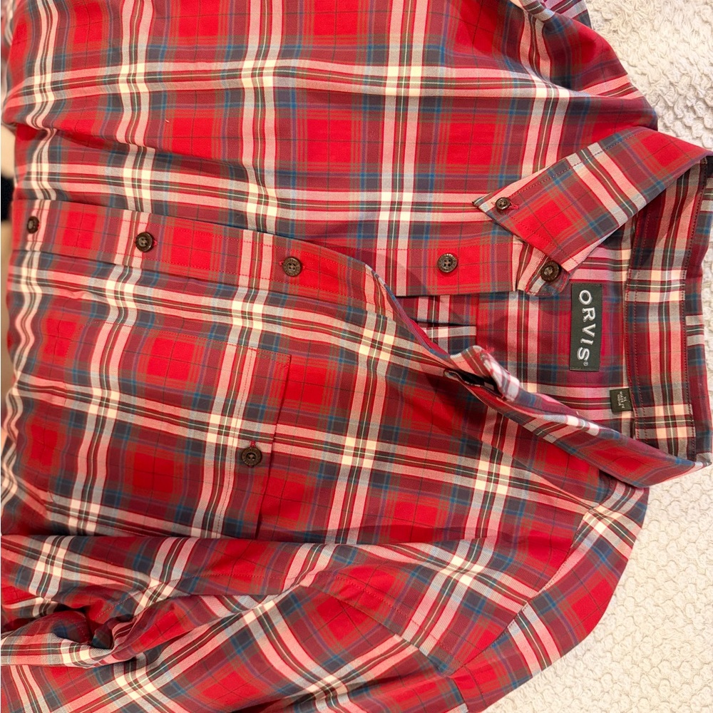 Orvis Men's Red and Blue Plaid Button Down Shirt